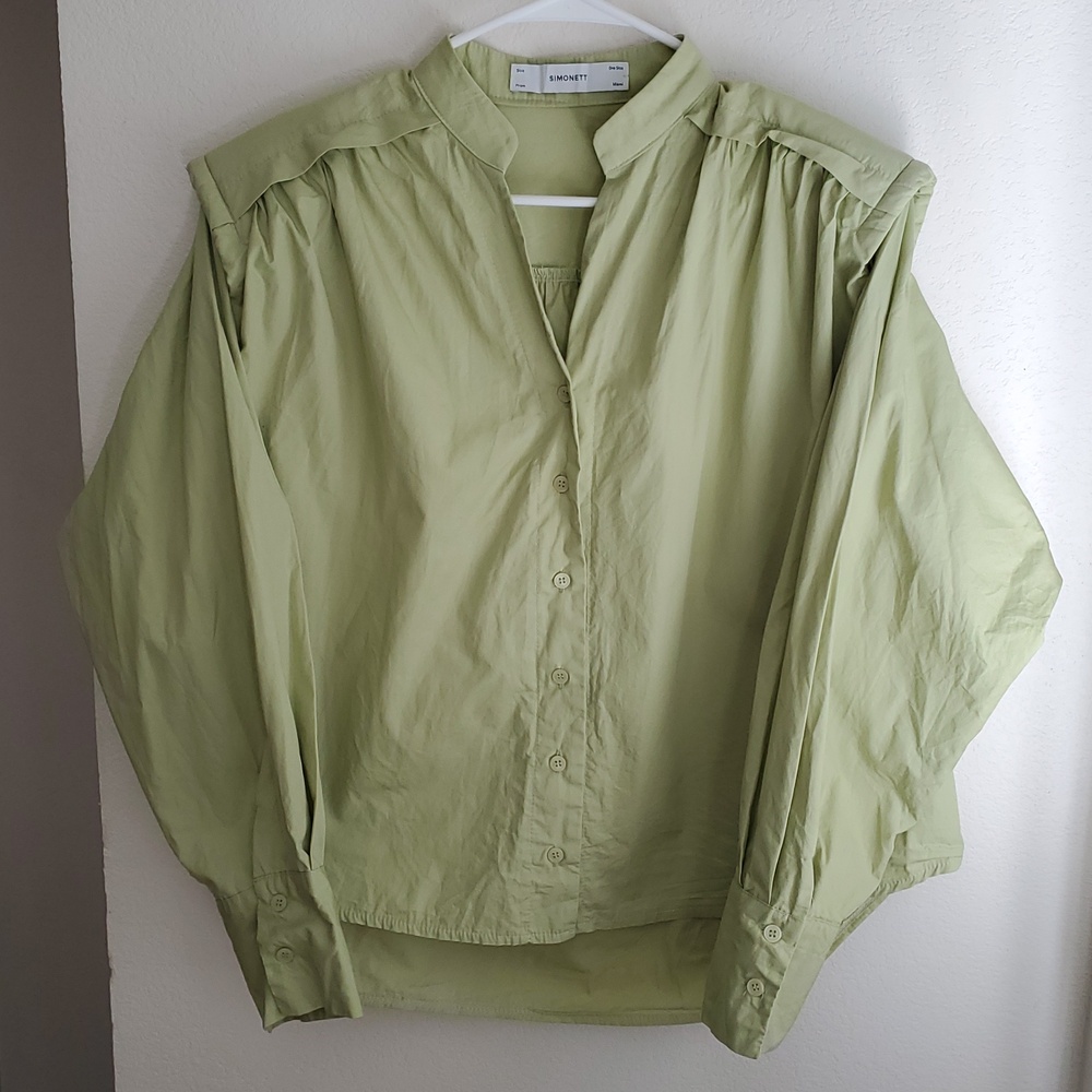 SIMONETT Padded Shoulder Button Top Balloon Sleeve One Size Women